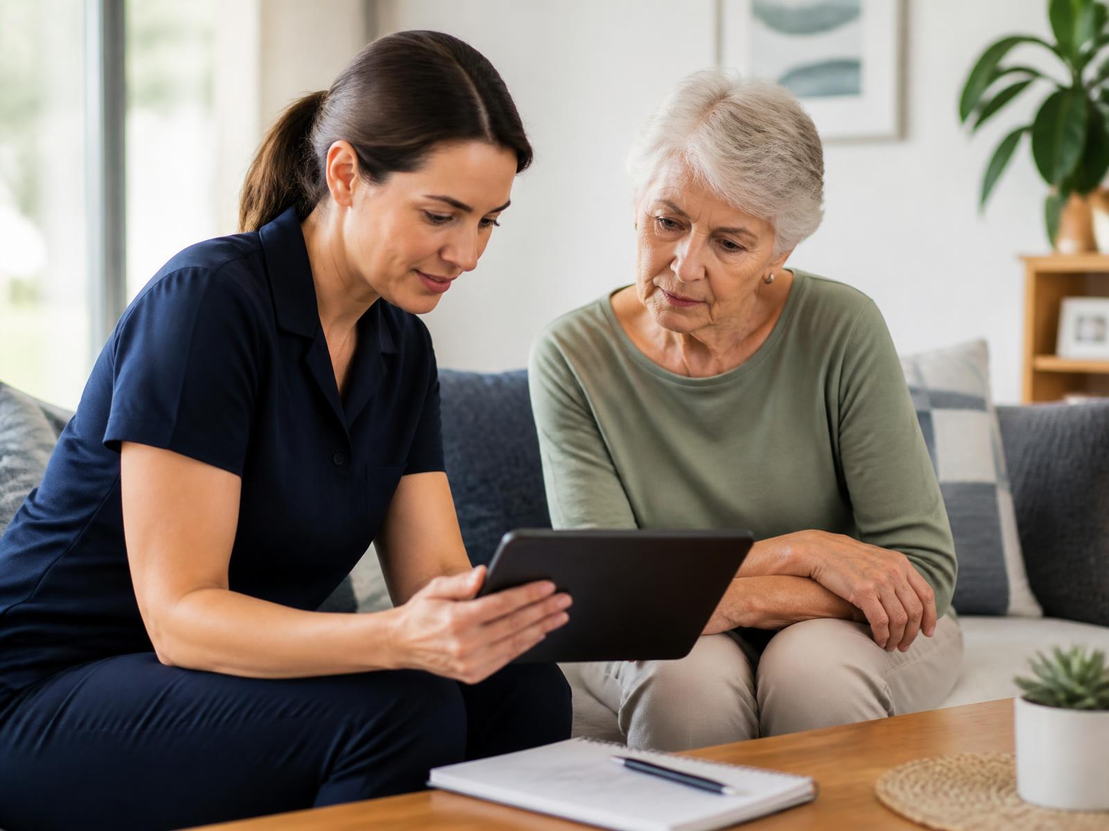An allied health practitioner visiting an older woman in her home to review a falls risk assessment on a tablet
